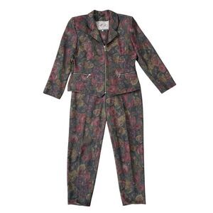 Ann Christine vintage wool blend floral pantsuit blazer size L, pants size 40